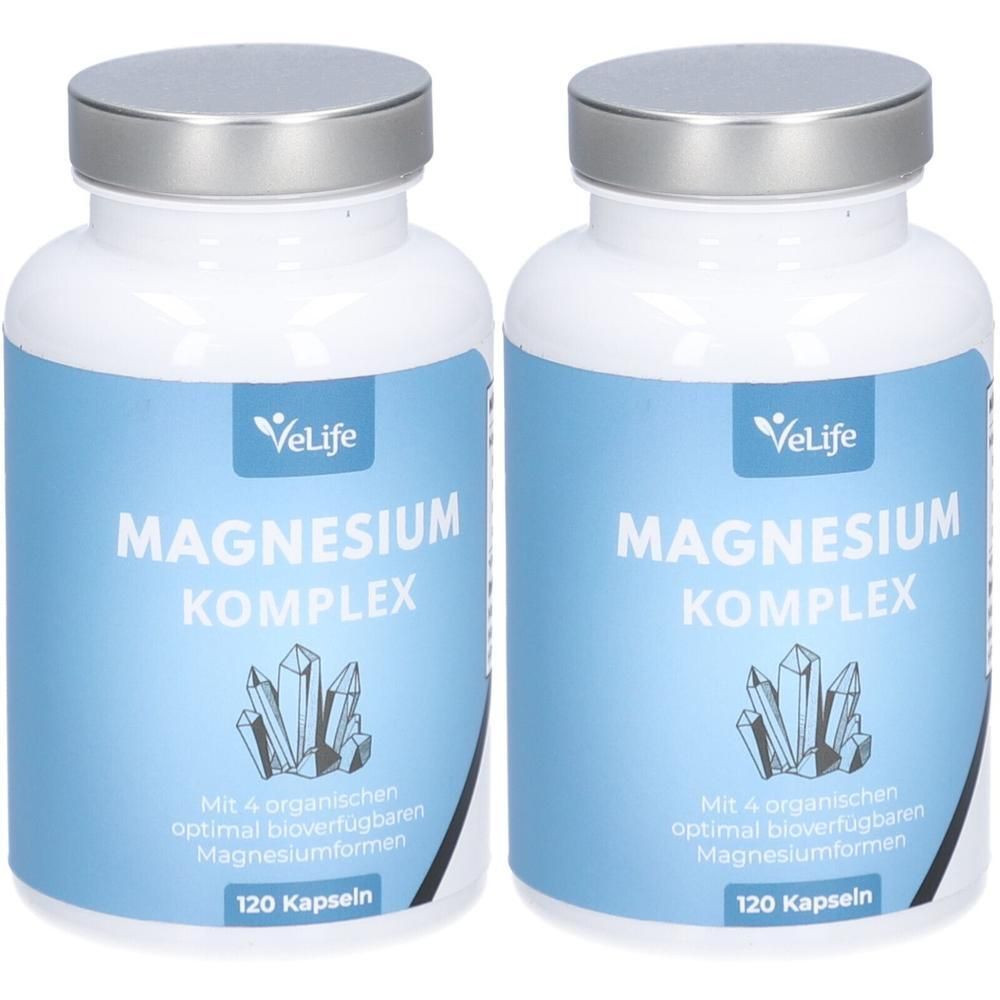 Zwei weiße Flaschen mit silbernen Deckeln. Auf den Etiketten steht "VeLife MAGNESIUM KOMPLEX". Darunter "120 Kapseln".