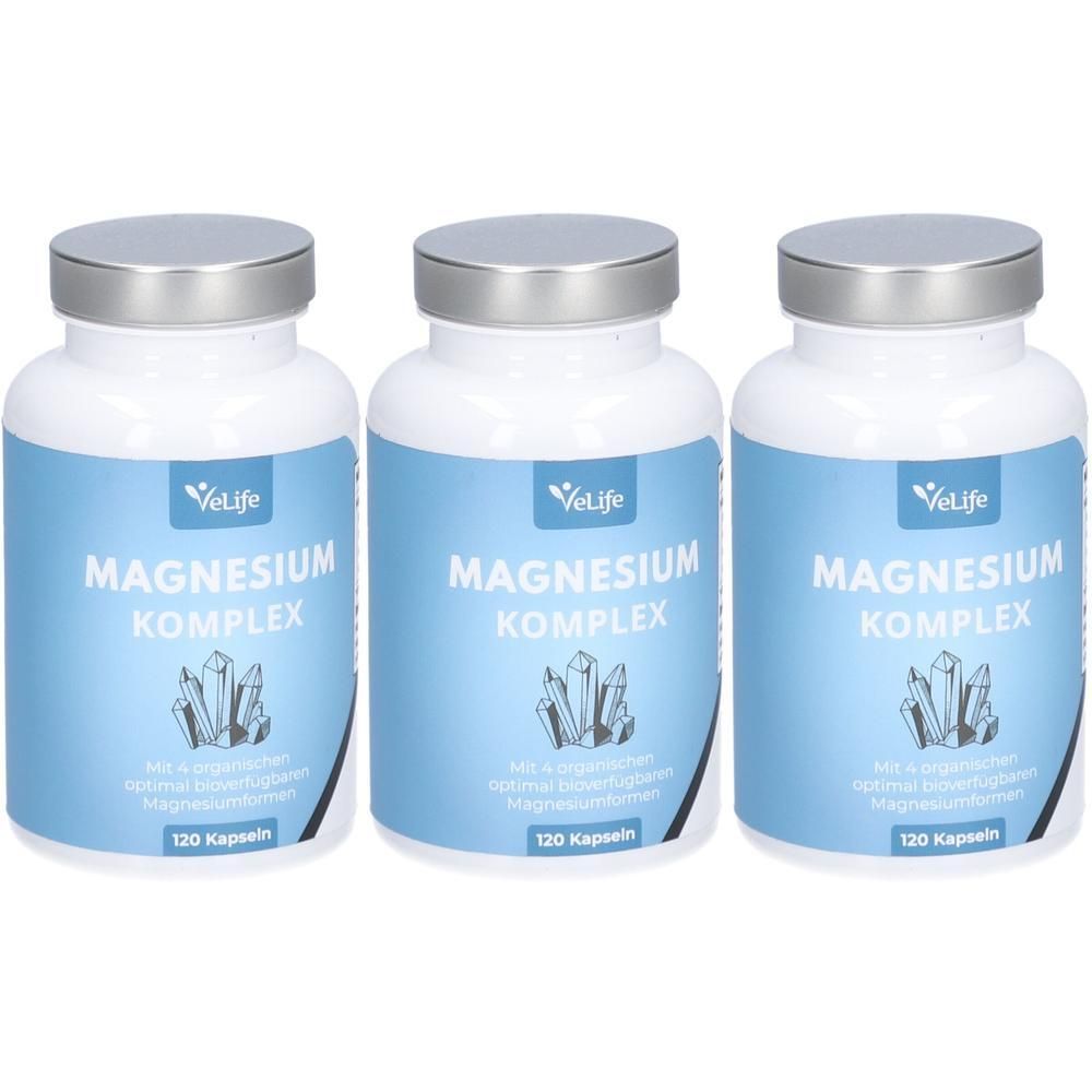Drei weiße Flaschen mit silbernen Deckeln. Auf den Flaschen steht "MAGNESIUM KOMPLEX" und "VeLife". Jede Flasche enthält 120 Kapseln.
