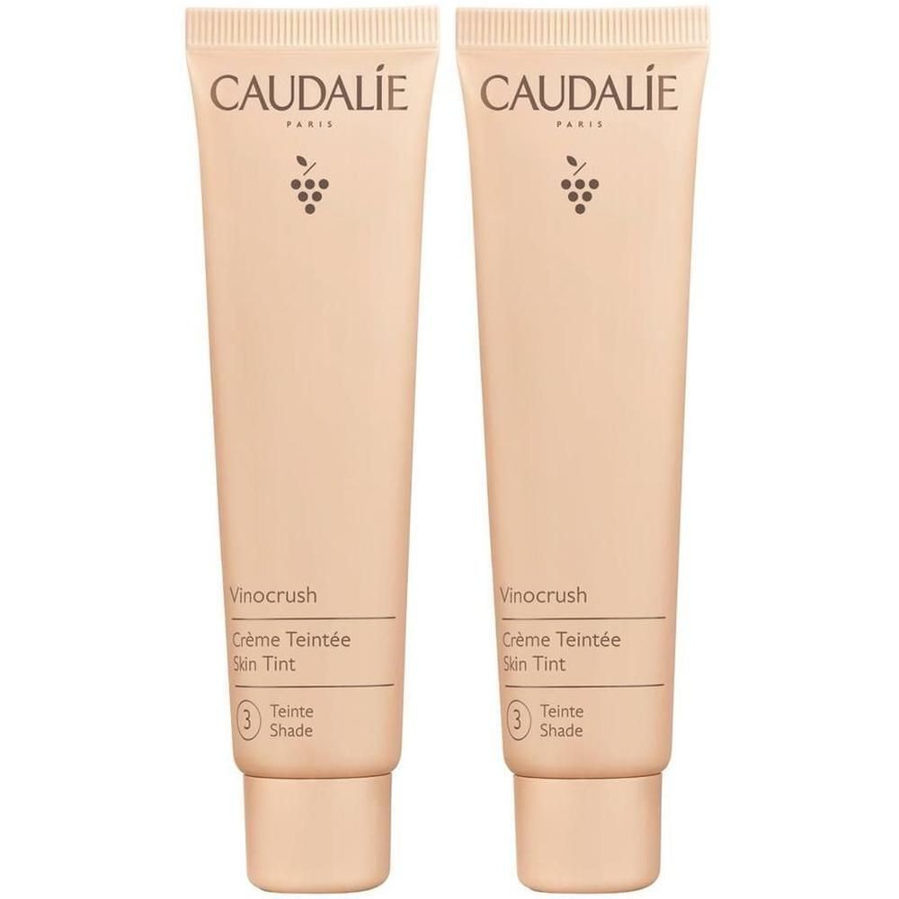 Zwei Tuben getönter Creme. Aufschrift: CAUDALIE, Vinocrush, Crème Teintée, Skin Tint, Farbton 3.