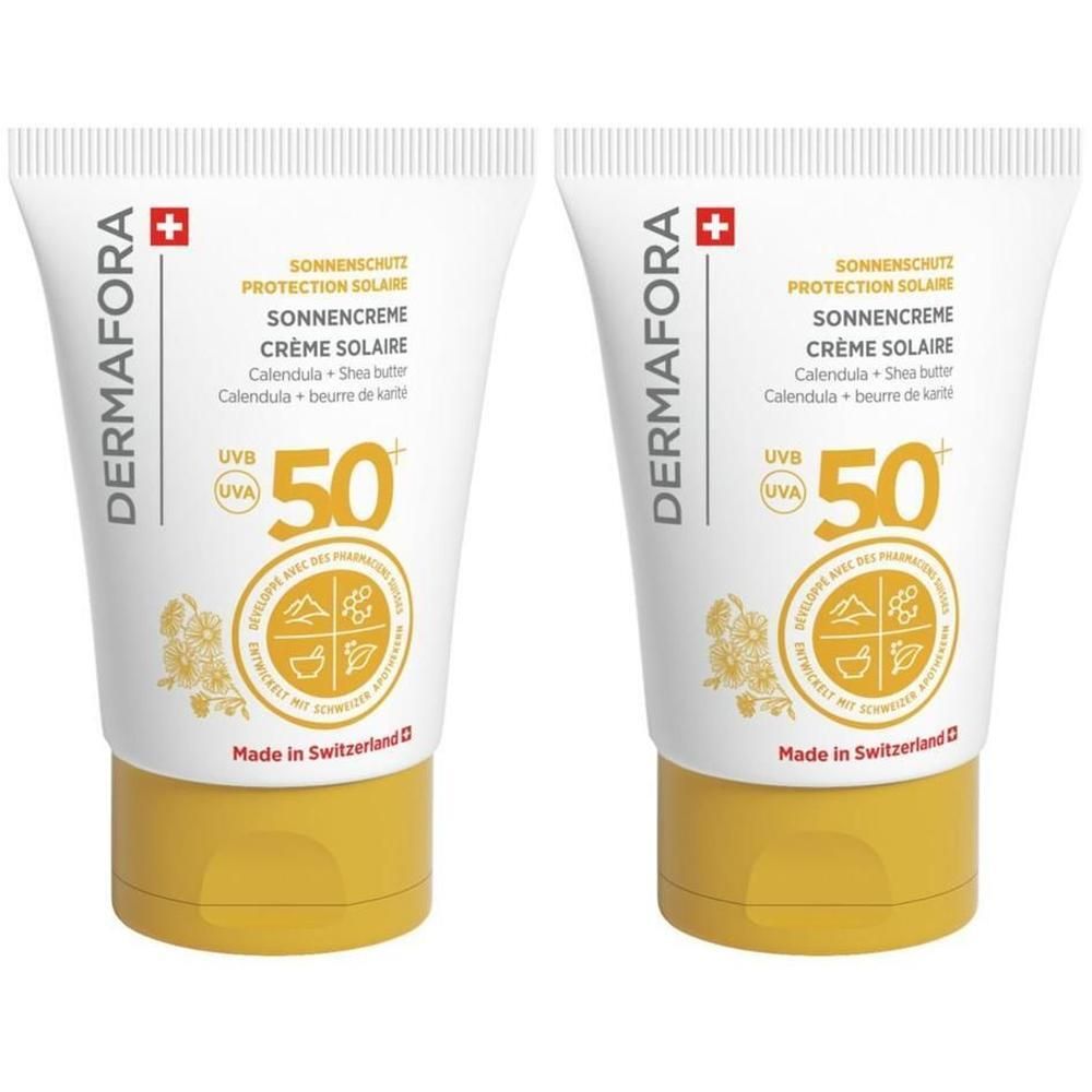 Zwei Tuben Sonnencreme. Weiß mit gelbem Verschluss. Text: DERMAFORA, Sonnenschutz, LSF 50+. Hergestellt in der Schweiz.