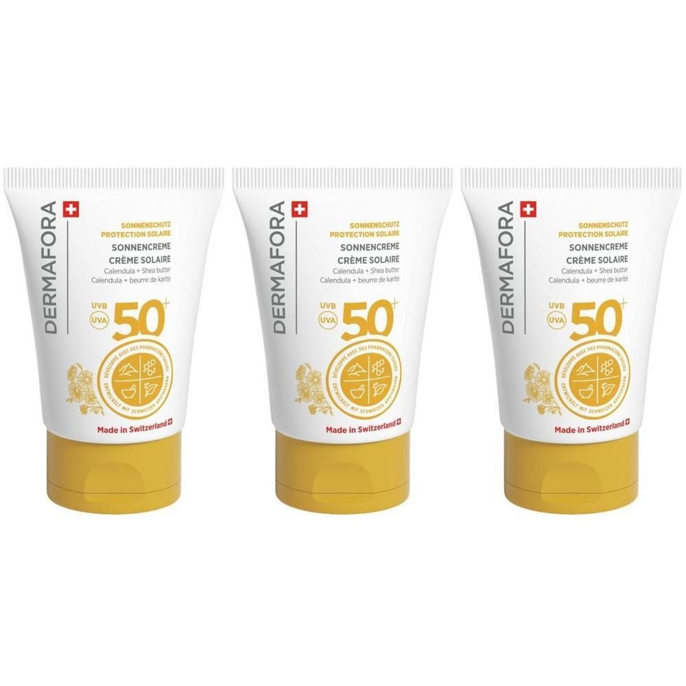 Drei Tuben Sonnencreme. Weiße Tuben mit gelbem Verschluss. Aufschrift: DERMAFORA, Sonnenschutz, LSF 50. Schweizer Kreuz.