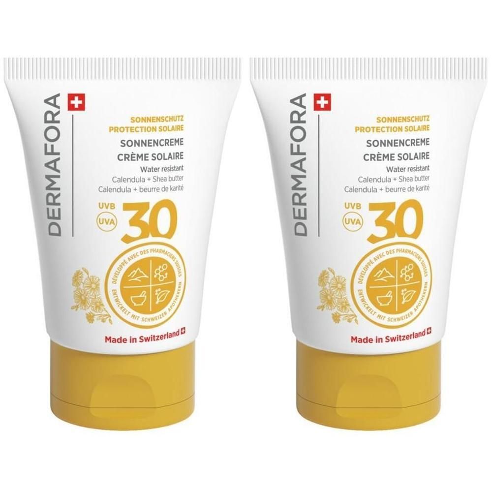Zwei Tuben Sonnencreme. Weiß mit gelbem Verschluss. Text: DERMAFORA, Sonnenschutz, LSF 30, Made in Switzerland.