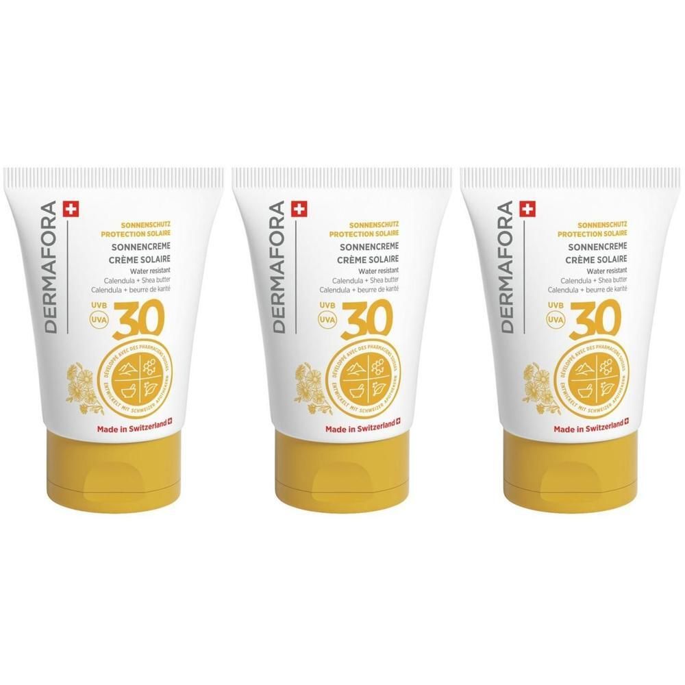Drei Tuben Sonnencreme. Weiße Tuben mit gelbem Verschluss. Aufschrift: DERMAFORA, Sonnenschutz, LSF 30. Schweizer Kreuz.