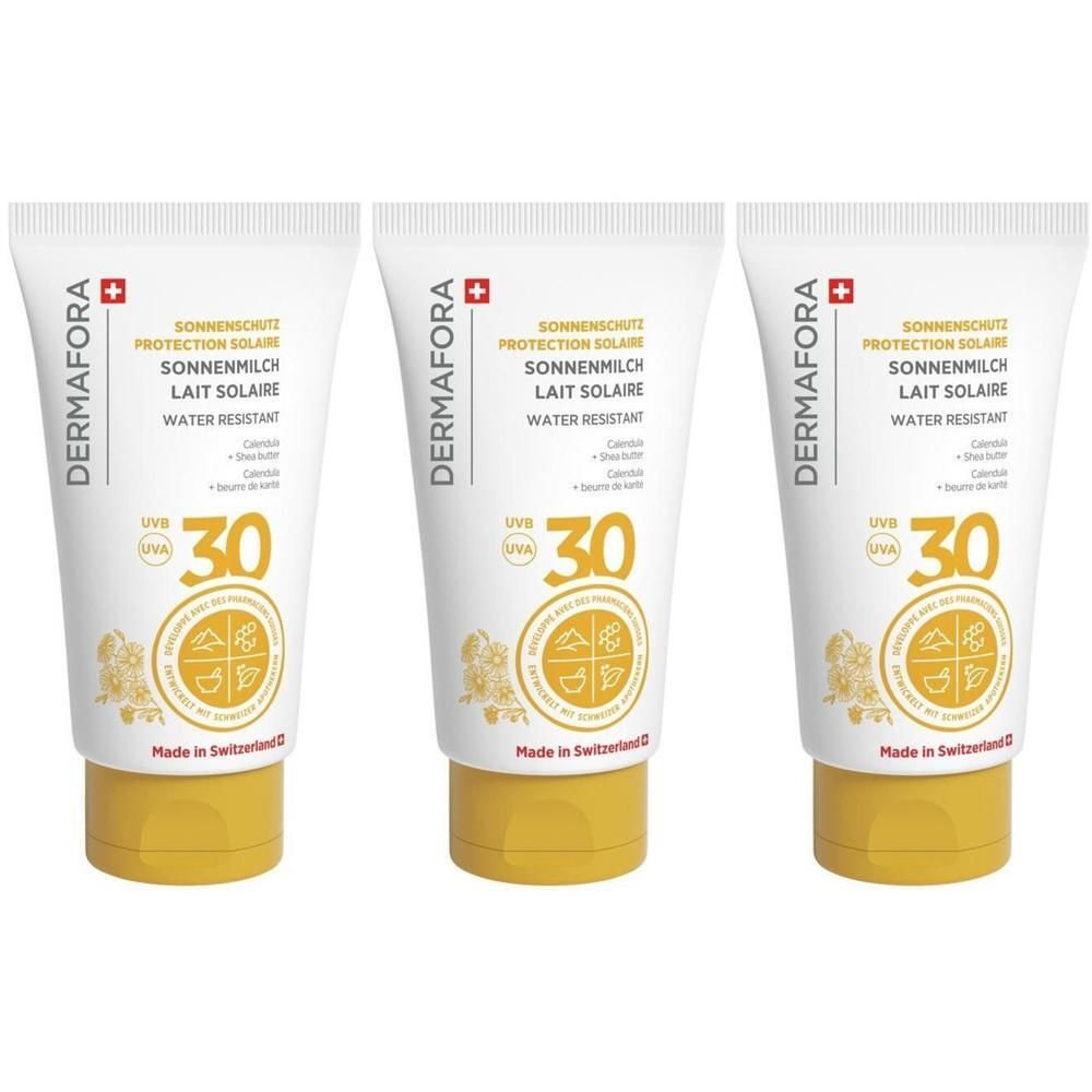 Drei Tuben Sonnenmilch. Weiße Tuben mit gelben Verschlüssen. Aufdruck: DERMAFORA, Sonnenschutz, LSF 30, Schweizer Kreuz.