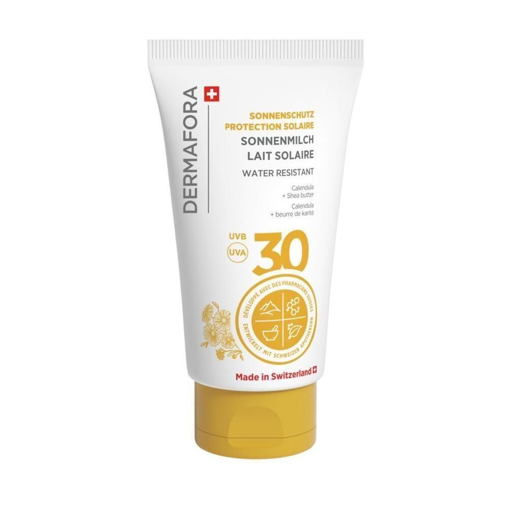 Weiße Tube mit gelbem Deckel. Aufschrift: Sonnenschutz, Sonnenmilch, Lait Solaire, Water Resistant. Lichtschutzfaktor 30. Hergestellt in der Schweiz.