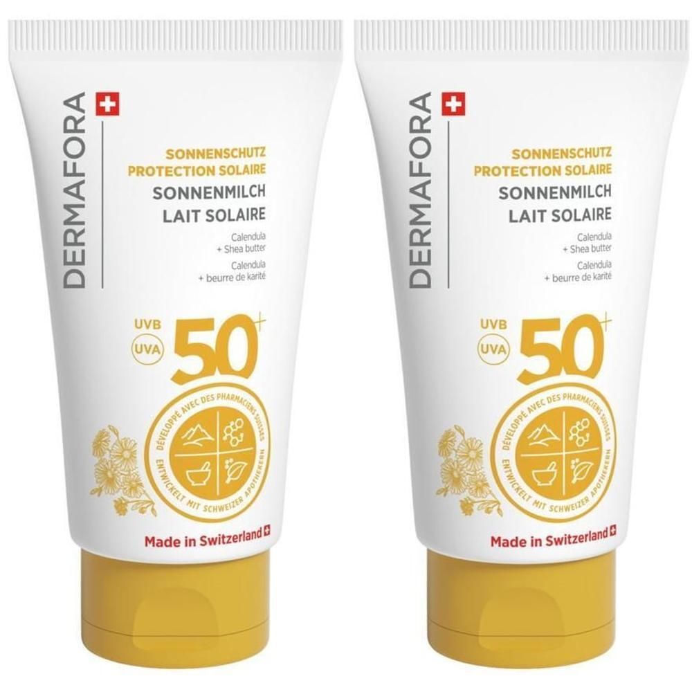 Zwei Tuben Sonnenlotion. Weiße Tuben mit gelbem Verschluss. Aufschrift: DERMAFORA, Sonnenschutz LSF 50. Mit Schweizer Kreuz.