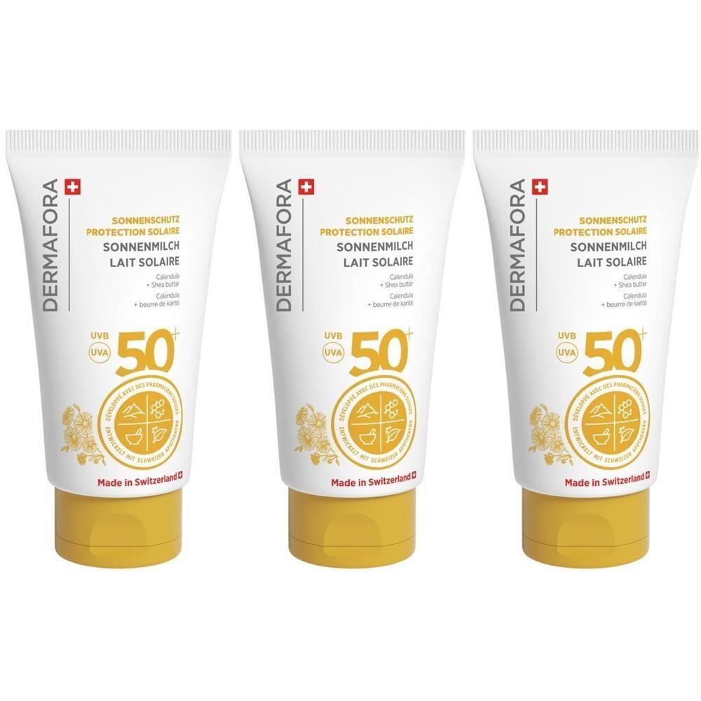 Drei Tuben Sonnenmilch mit LSF 50. Weiße Tuben mit gelben Verschlüssen. Aufschrift: DERMAFORA, Sonnenschutz, Lait Solaire.