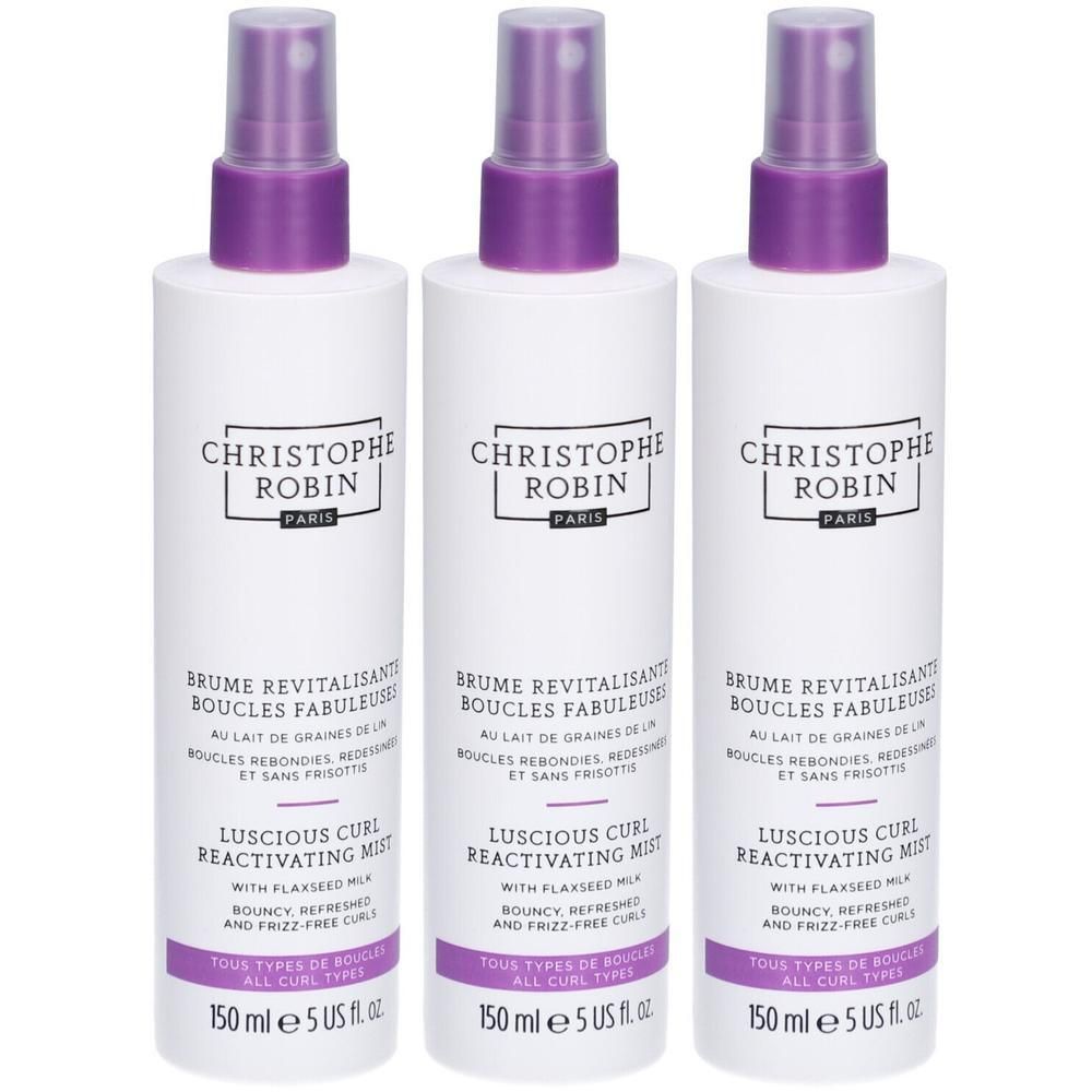 Drei Flaschen Christophe Robin Revitalisierender Sprühnebel für Locken, 150 ml.
