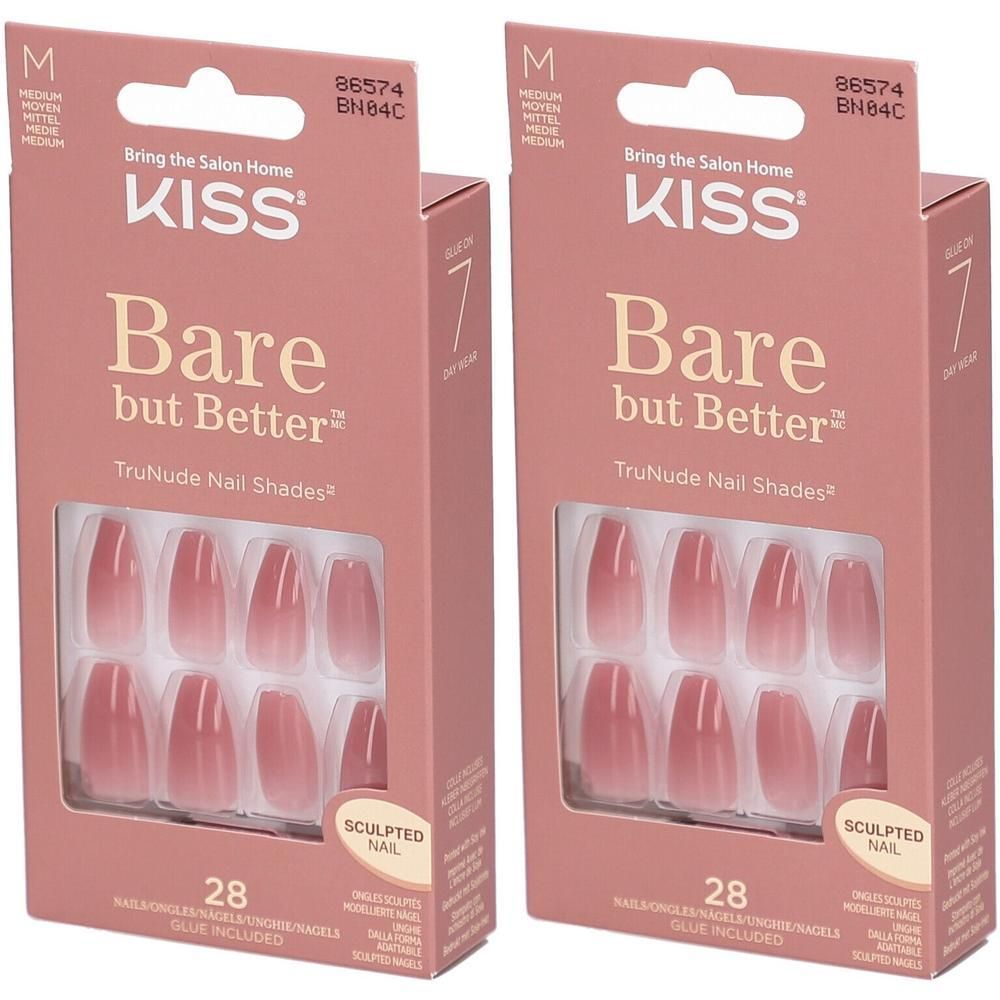 Deux paquets de faux ongles KISS Bare but Better Nude Ombré, taille M, 28 pièces.
