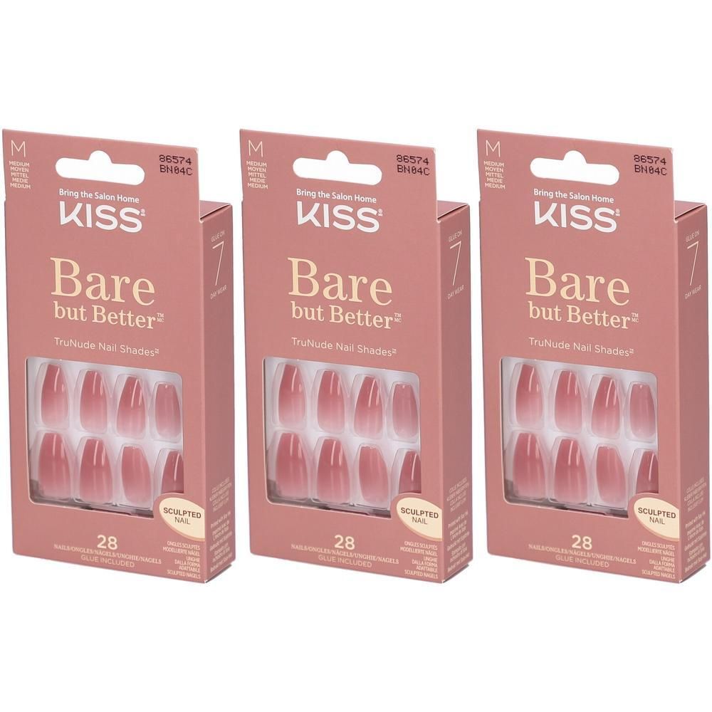 Drei Packungen KISS Bare but Better Kunstnägel in Nude-Tönen, 28 Stück pro Packung.