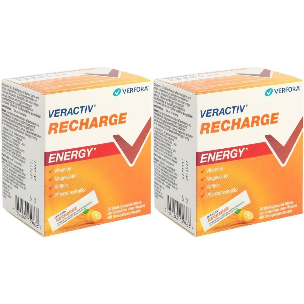 Zwei Schachteln VERACTIV Recharge. Aufdruck: VERFORA, VERACTIV RECHARGE ENERGY, 30 Direkt-Sticks. Orange-weißes Design mit rotem Pfeil.