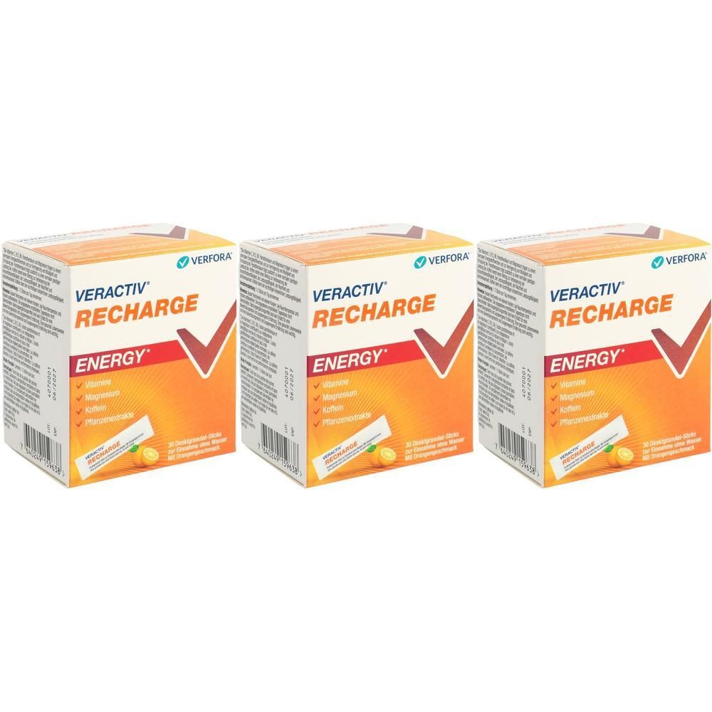 Drei Schachteln VERACTIV RECHARGE. Aufdruck: RECHARGE ENERGY, rotes Häkchen, Inhaltsstoffe. Einzelsticks mit Zitrone.