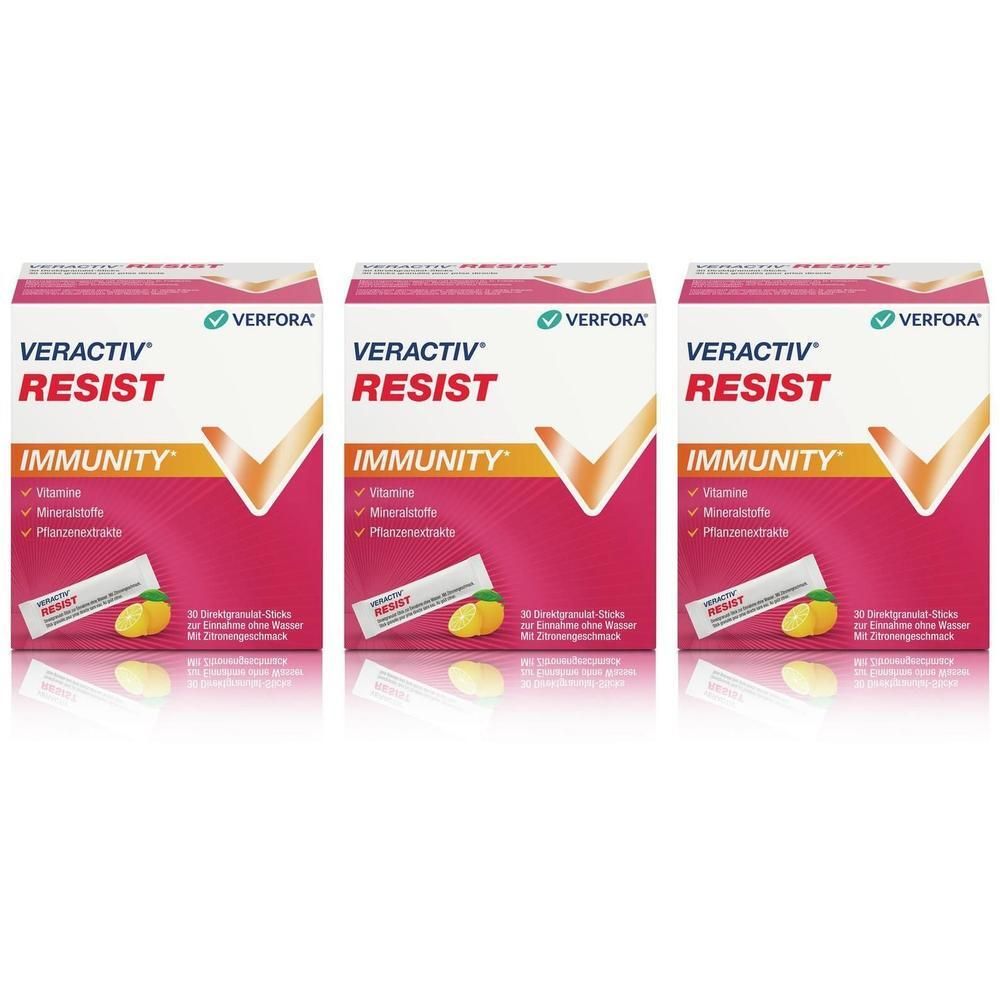 Drei Packungen VERACTIV Resist. Jede Packung zeigt Resist, Immunity, Vitamin, Mineralstoffe und Pflanzenextrakte. Einzelsticks mit Zitrone.