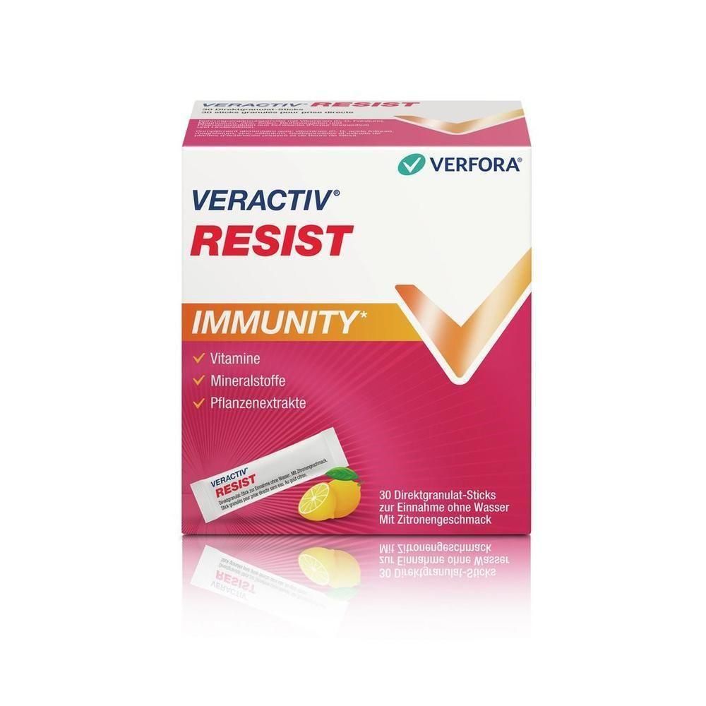Verpackung von VERACTIV Resist. Enthält 30 Direktgranulat-Sticks. Aufschrift: IMMUNITY, Vitamine, Mineralstoffe, Pflanzenextrakte. Zitrone abgebildet.