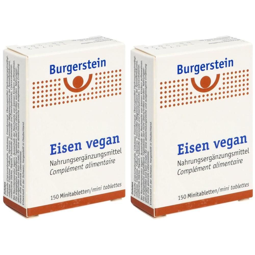 Zwei weiße Schachteln mit Aufschrift Burgerstein, Eisen vegan. Nahrungsergänzungsmittel. 150 Minitabletten. Braune und orangefarbene Elemente.