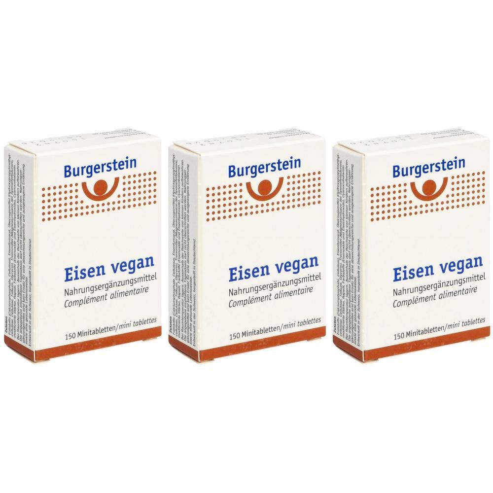 Drei weiße Schachteln mit roter Schrift. Aufschrift: Burgerstein, Eisen vegan, Nahrungsergänzungsmittel, 150 Minitabletten.