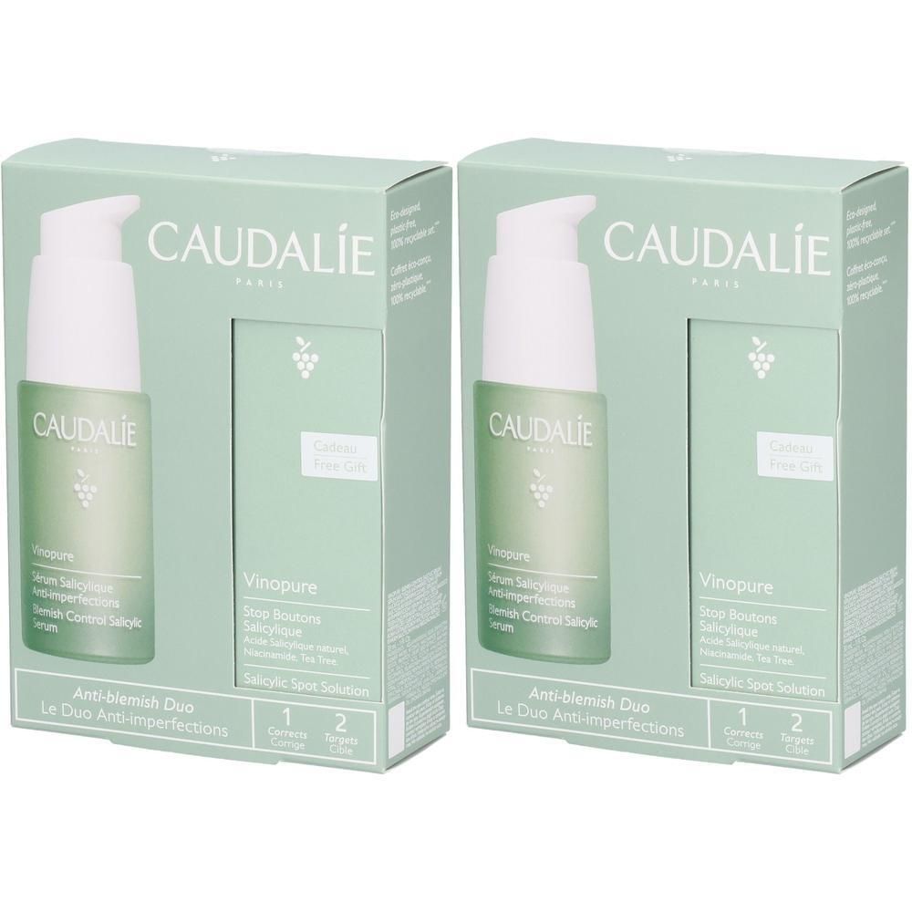 Zwei grüne Kartons mit CAUDALIE-Produkt. Jede Packung enthält eine Flasche mit Pumpe. Aufschrift: Vinopure, Anti-blemish Duo.