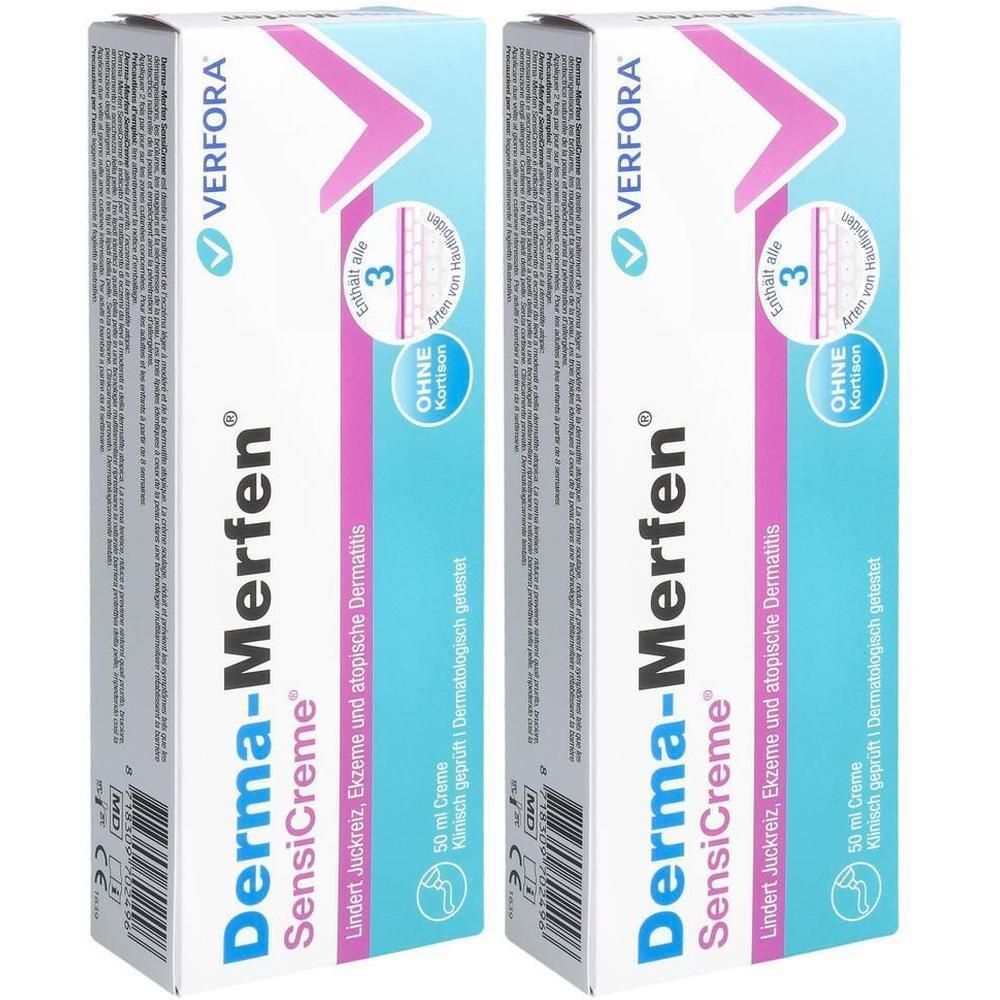 Zwei Schachteln DERMA-MERFEN SensiCreme. Blaue Schrift auf weißem Grund. Text: Lindert Juckreiz, Ekzeme und atopische Dermatitis. Ohne Kortison.