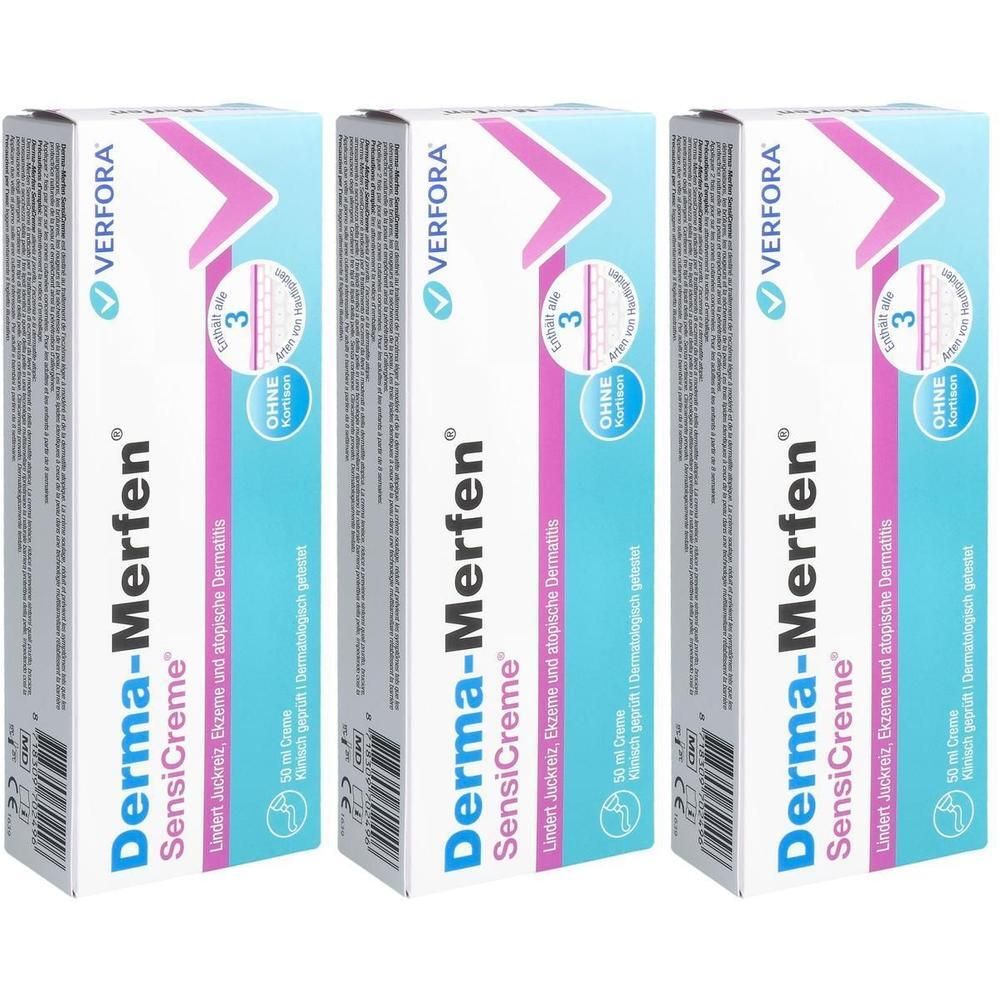 Drei Schachteln DERMA-MERFEN SensiCreme. Aufschrift: Lindert Juckreiz, Ekzeme und atopische Dermatitis. Marke VERFORA. Mit Qualitätszeichen.