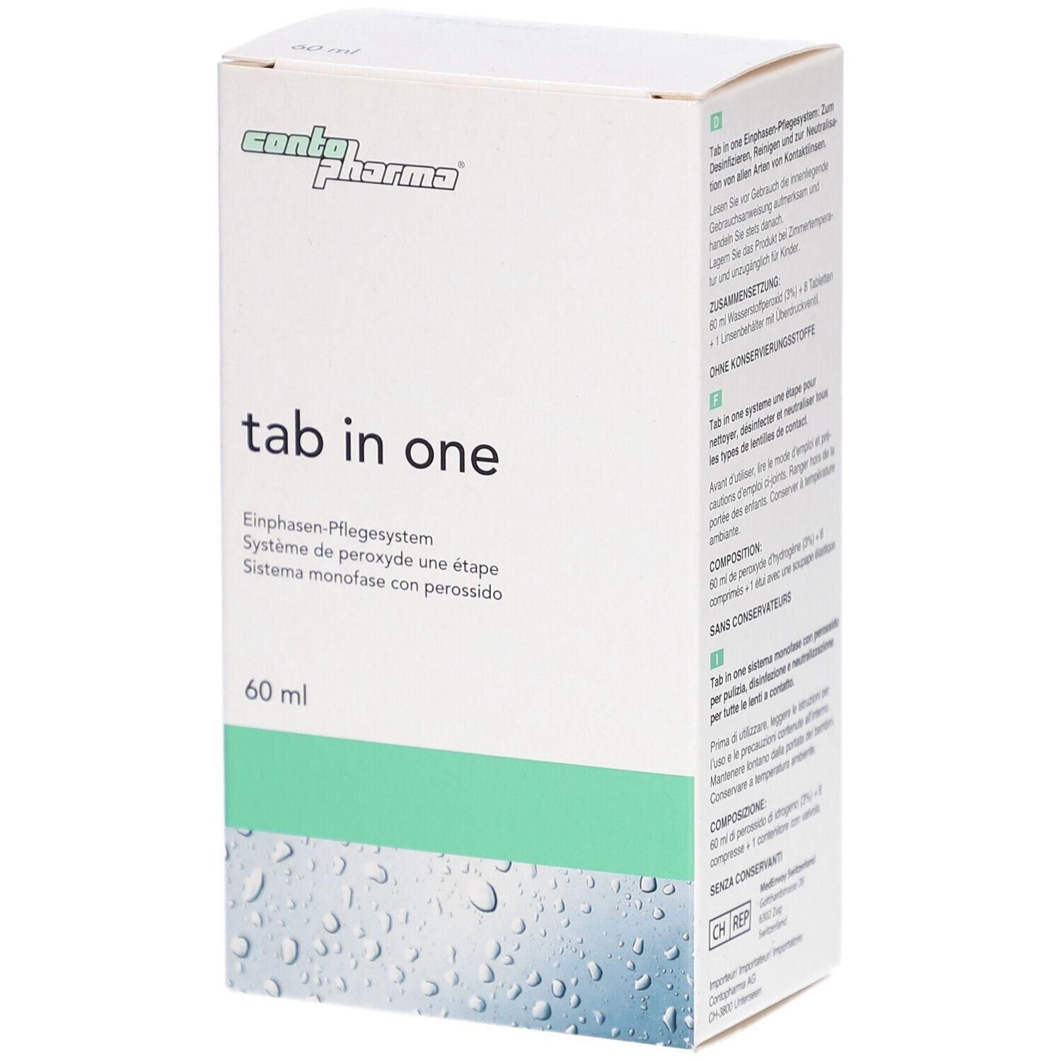 Weiße Verpackung mit grünem Streifen. Enthält Text: "tab in one", "60 ml" und "conto pharma".