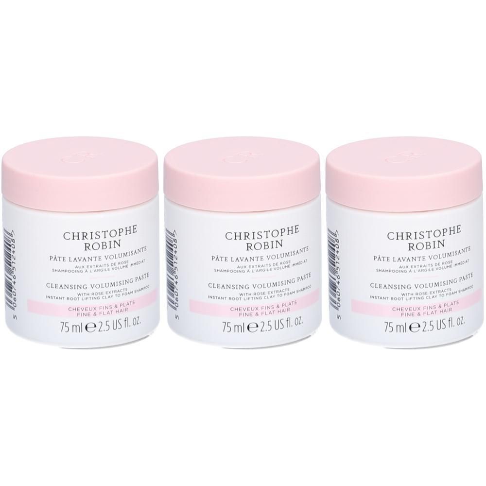 Drei Christophe Robin Tiegel mit rosa Deckeln. Cleansing Volumising Paste für feines Haar.
