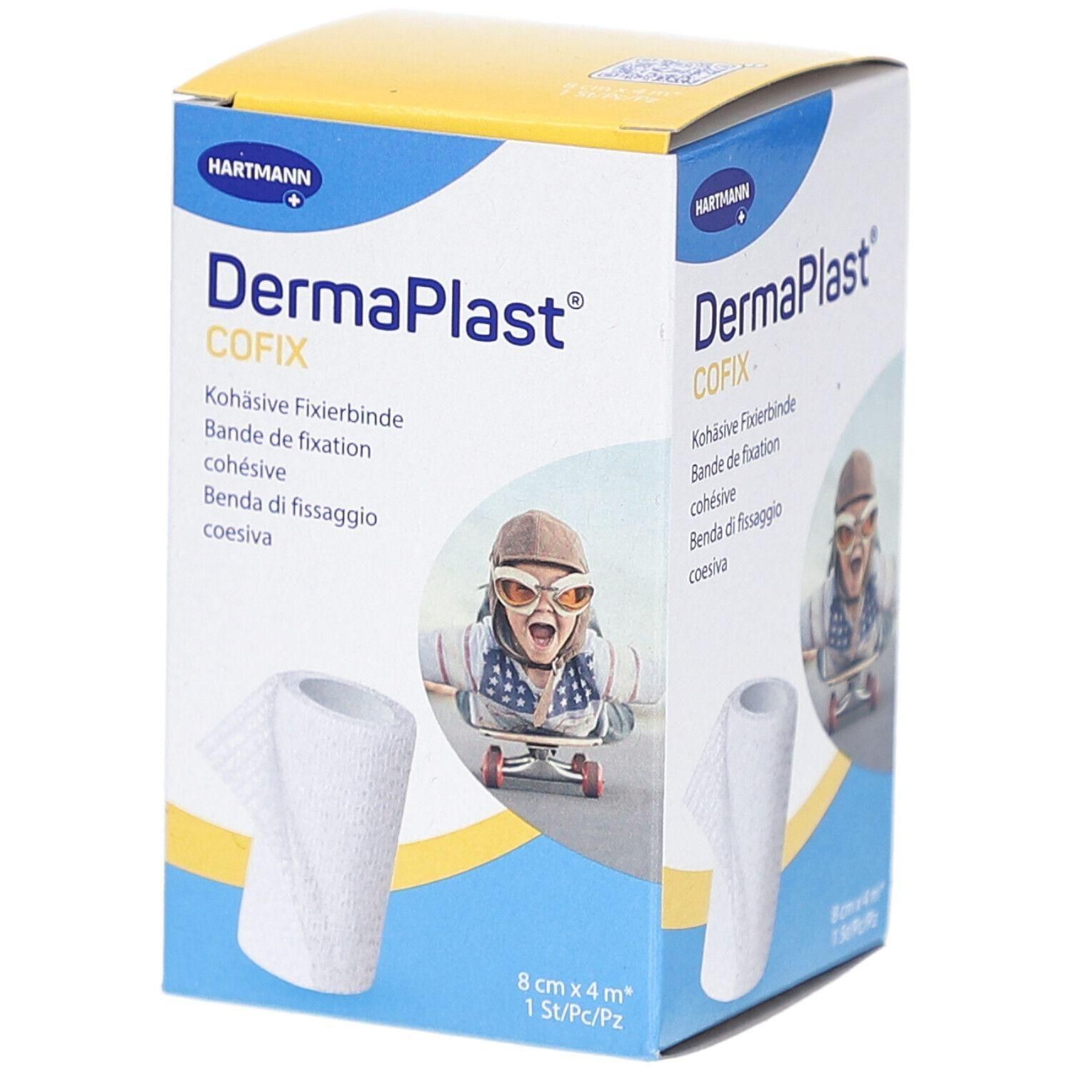 Emballage de DermaPlast CoFix. Bande de fixation cohésive blanche. Dimensions : 8 cm x 4 m. Marque Hartmann. Inscriptions multilingues.
