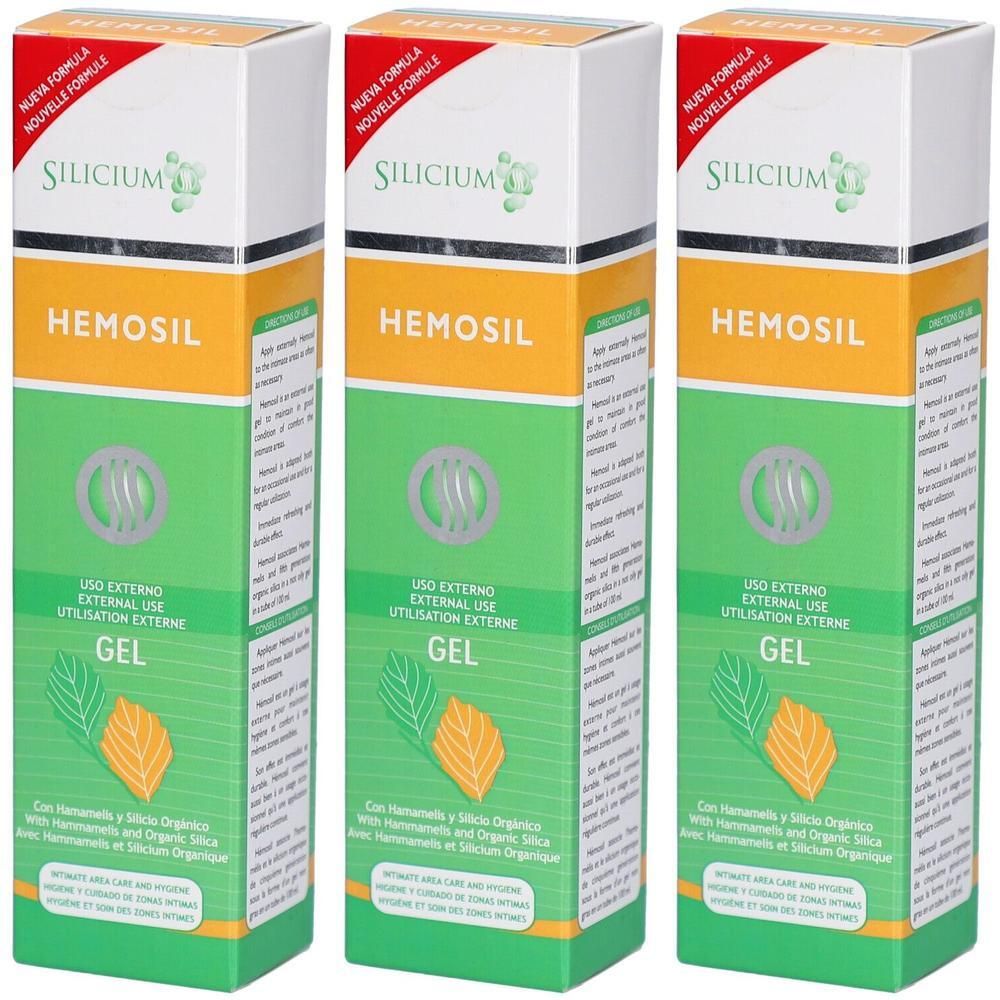 Drei rechteckige Schachteln. Aufschrift SILICIUM, HEMOSIL und GEL. Grün, orange und weiße Farbgebung. Text in mehreren Sprachen.