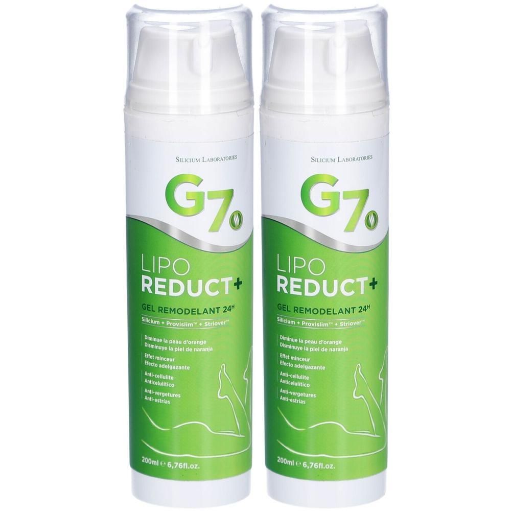 Deux flacons de gel Lipo Reduct+. Flacons blancs avec étiquette verte. Texte: G7%, Lipo Reduct+, Gel Remodelant 24h. 200ml.