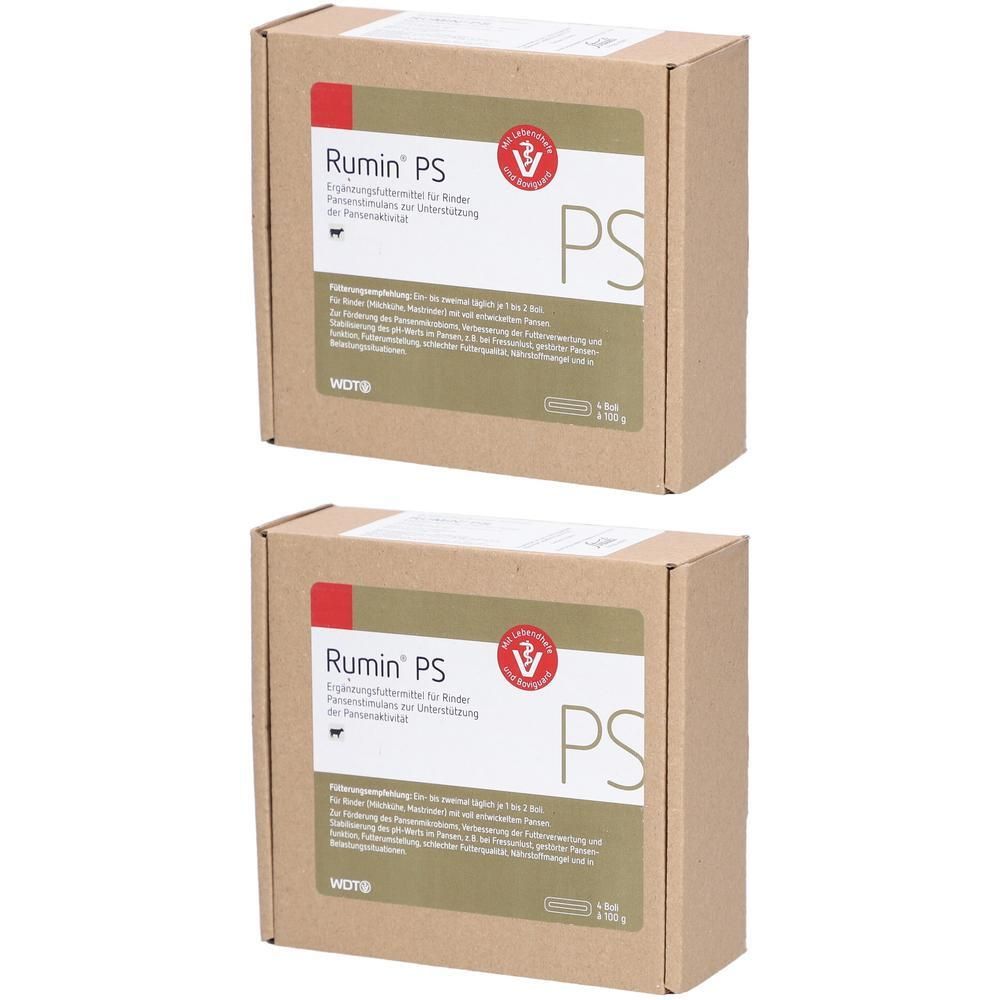 Zwei Kartons mit "Rumin PS" Aufschrift, einem Futtermittelzusatz für Rinder.
