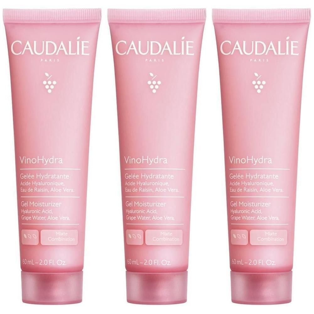 Drei rosa Tuben. Auf jeder steht CAUDALIE, VinoHydra, Gelée Hydratante und Gel Moisturizer. Unten steht 60ml - 2.0 FL Oz.
