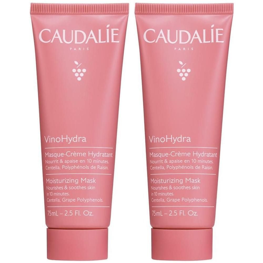 Zwei rosa Tuben mit weißer Schrift. Aufschrift: CAUDALIE, VinoHydra, Masque-Crème Hydratant, Moisturizing Mask. 75ml-2.5 FL. Oz.