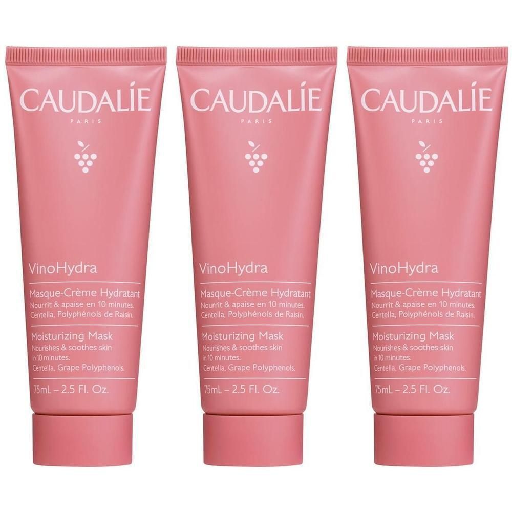 Drei Tuben rosa Gesichtsmaske. Auf jeder Tube steht "CAUDALIE" und "VinoHydra". Text: "Masque-Crème Hydratant", "Moisturizing Mask".