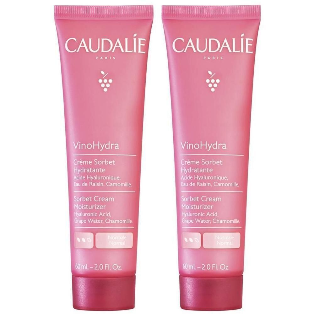 Zwei Tuben Caudalie VinoHydra Crème Sorbet Hydratante. Rosa Tuben mit weißer Schrift. Produktname und Inhaltsstoffe sind sichtbar.