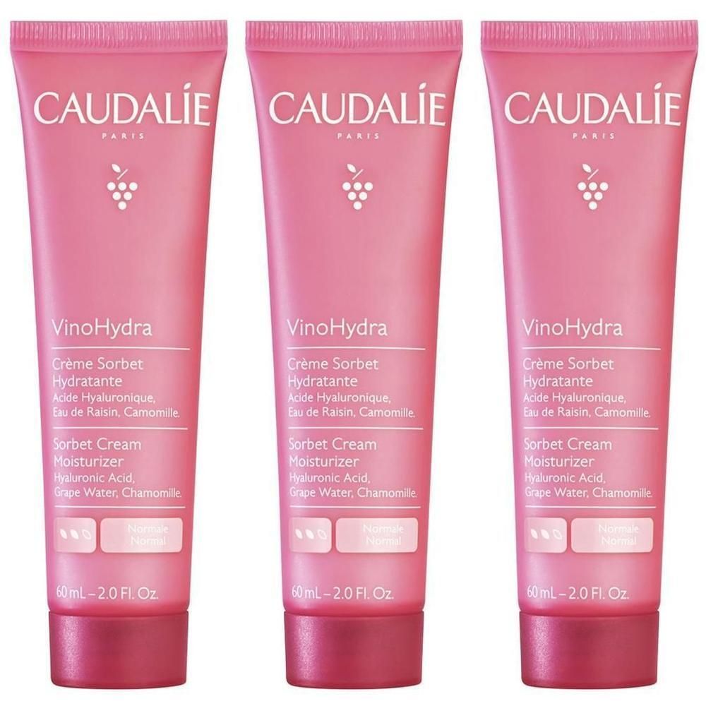 Drei Tuben rosa Creme. Auf jeder Tube steht "CAUDALIE" und "VinoHydra". Text: Crème Sorbet Hydratante, Sorbet Cream Moisturizer.