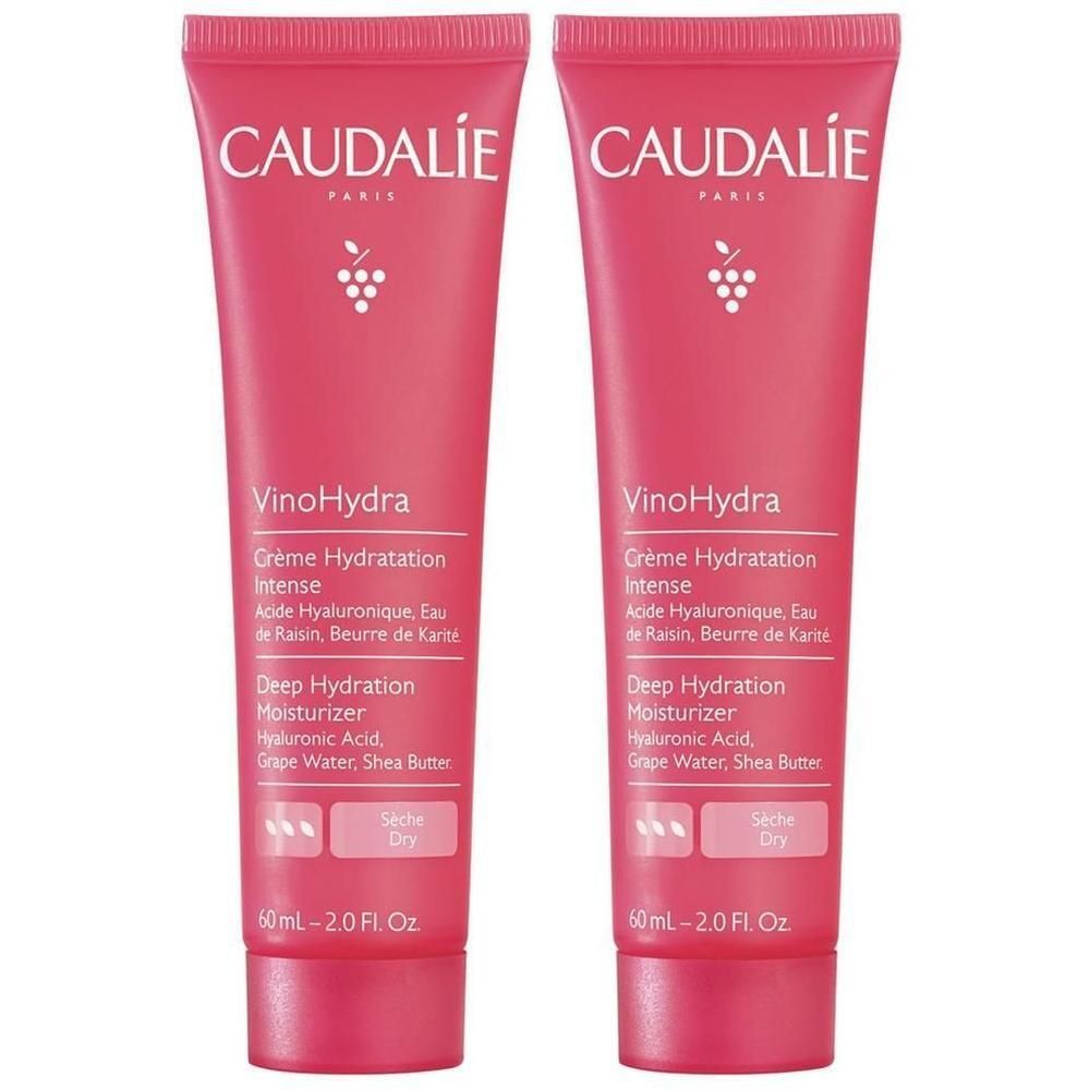 Zwei Tuben CAUDALIE VinoHydra Creme. Rosa Tuben mit weißer Schrift. Enthält Informationen zu Inhaltsstoffen und Volumen.