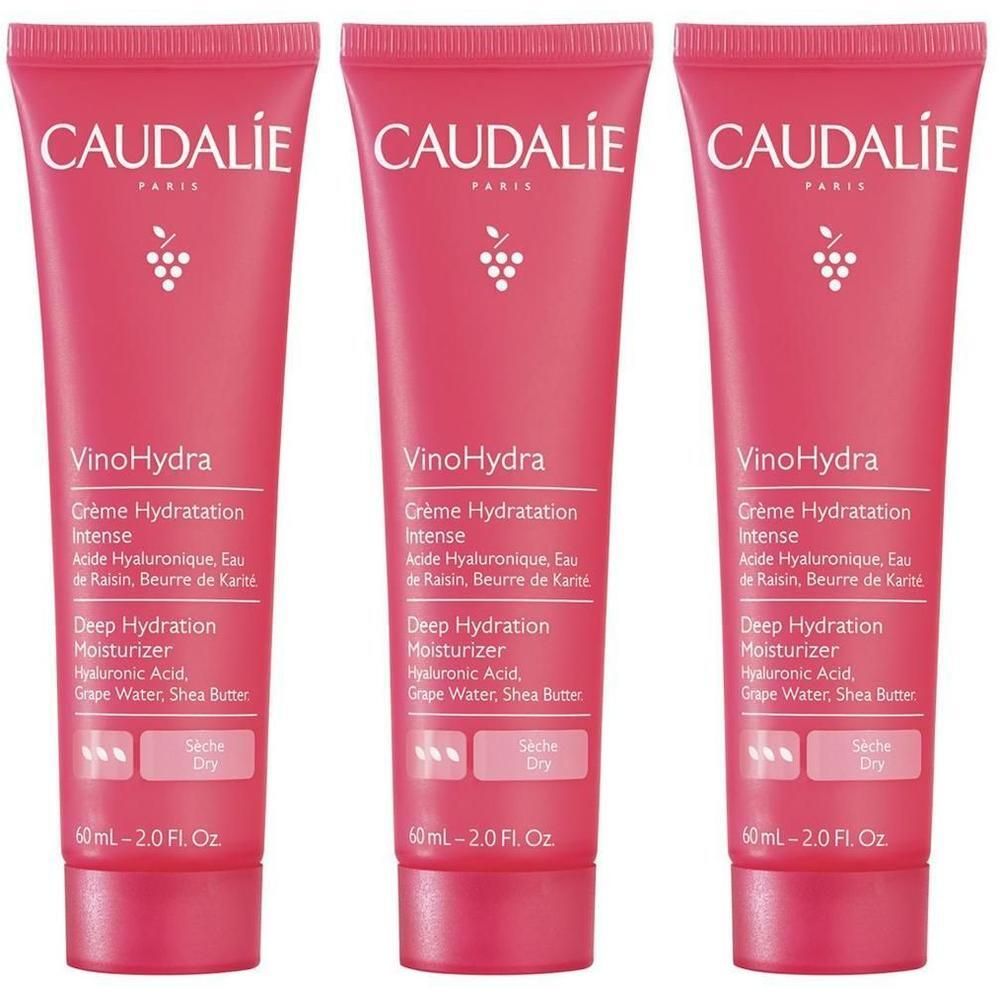 Drei Tuben Caudalie VinoHydra Creme. Rosa Tuben mit weißer Schrift. Produktname und Inhaltsstoffe sind sichtbar.