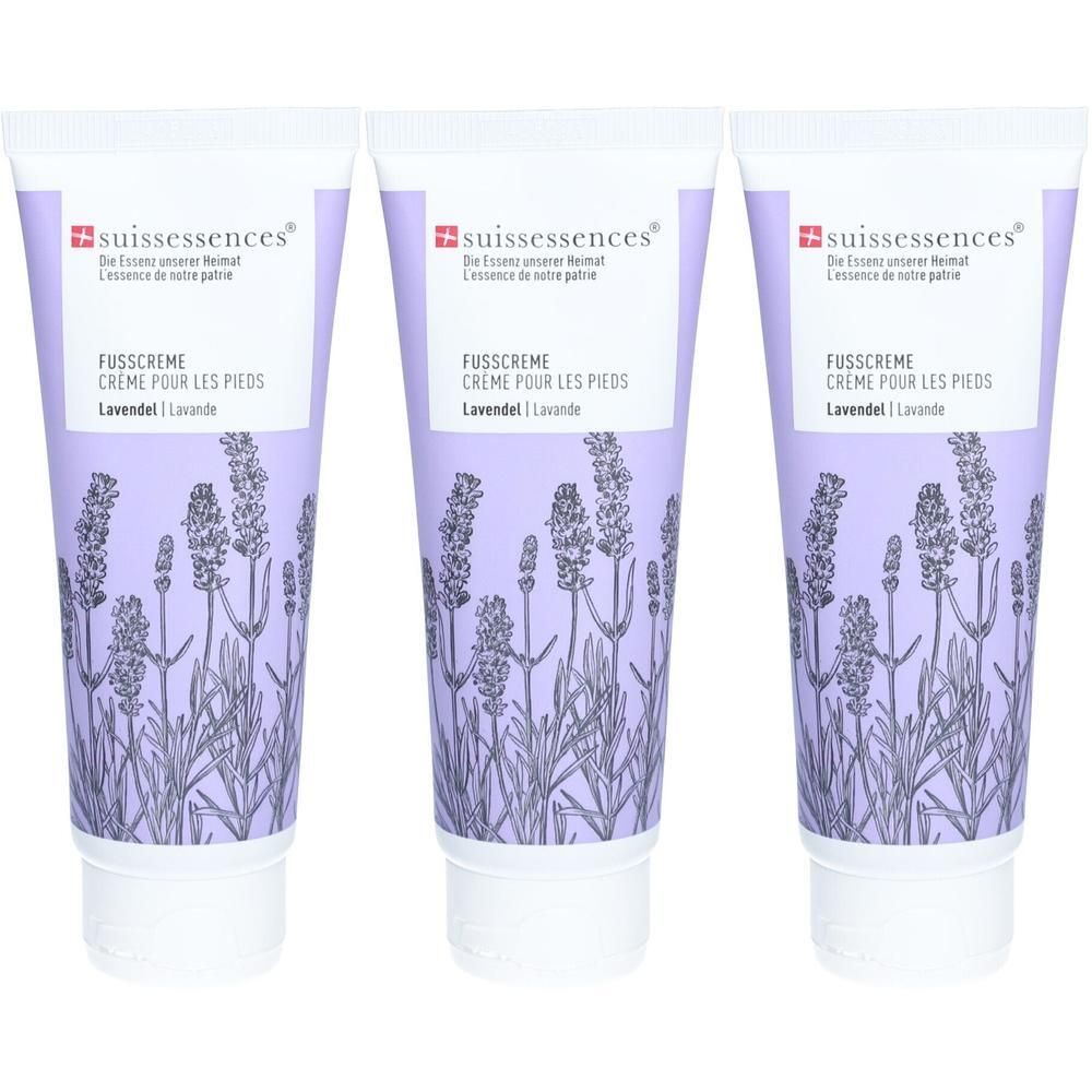 Drei Tuben Fußcreme mit Lavendelmotiv. Marke: Suissessences.