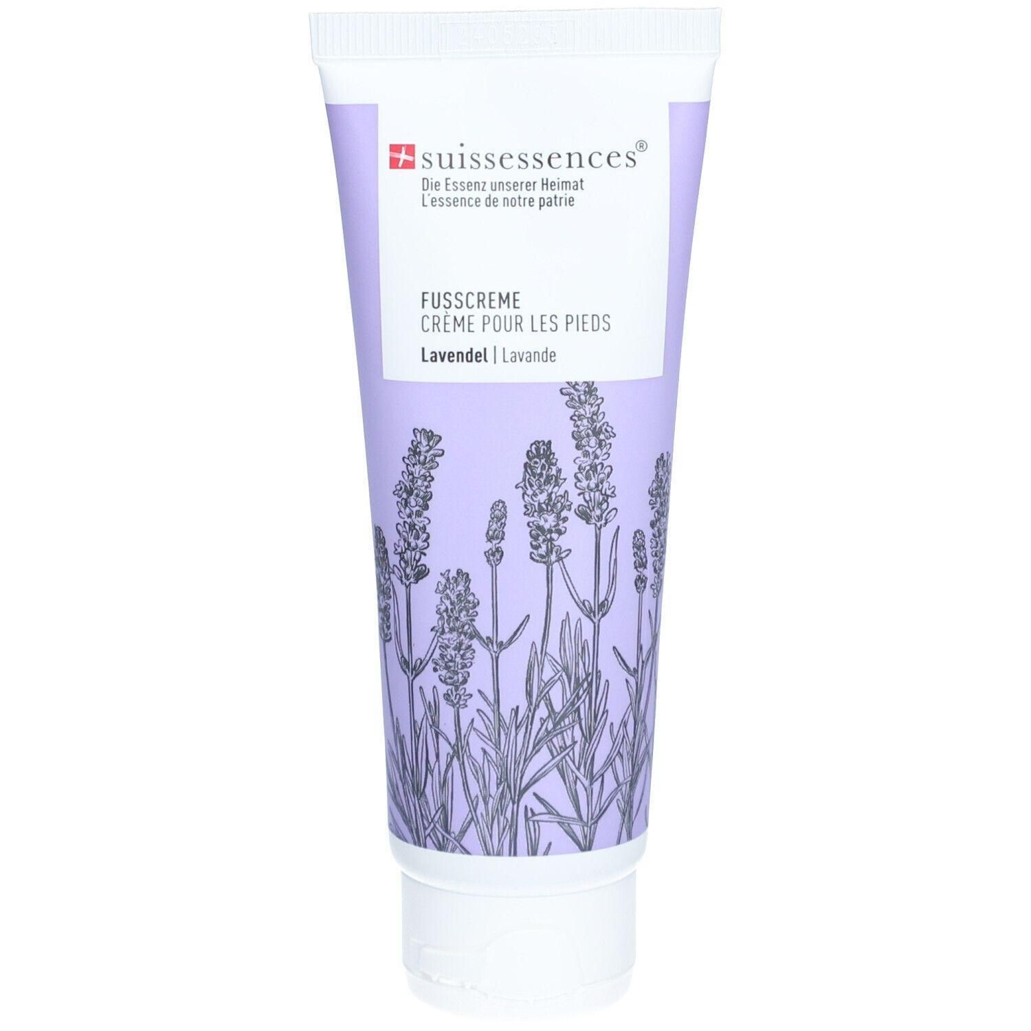 Lavendel Fußcreme in einer lila Tube mit Lavendelmotiv. Marke: Suissessences.
