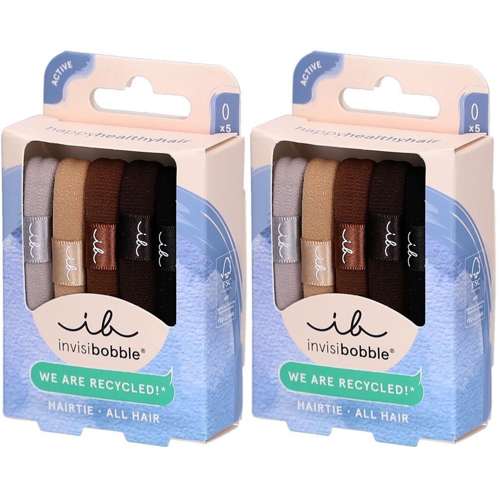 Zwei Packungen Invisibobble Haargummis in neutralen Farben: Grau, Beige, Braun, Dunkelbraun. Recycelt.