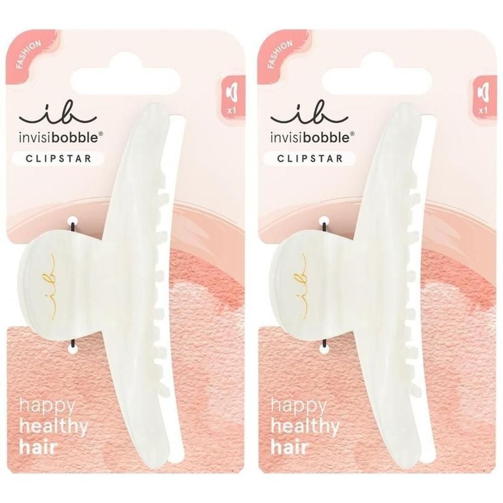 Zwei weiße Invisibobble CLIPSTAR Haarspangen im Tortoiseshell-Design, verpackt.