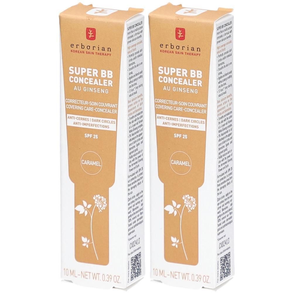 Zwei Packungen Erborian Super BB Concealer mit Ginseng, Farbton Caramel, SPF 25.