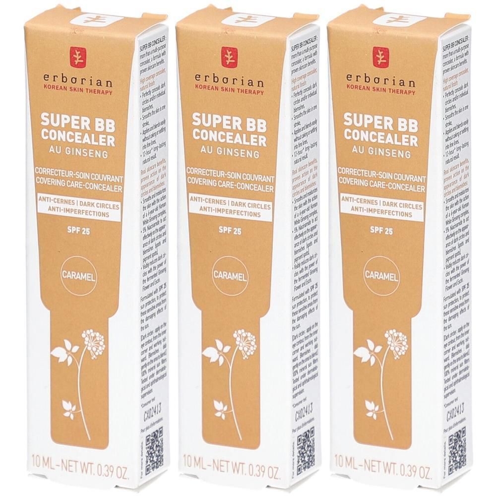 Drei Packungen Erborian Super BB Concealer au Ginseng, Farbton Caramel, SPF 25.