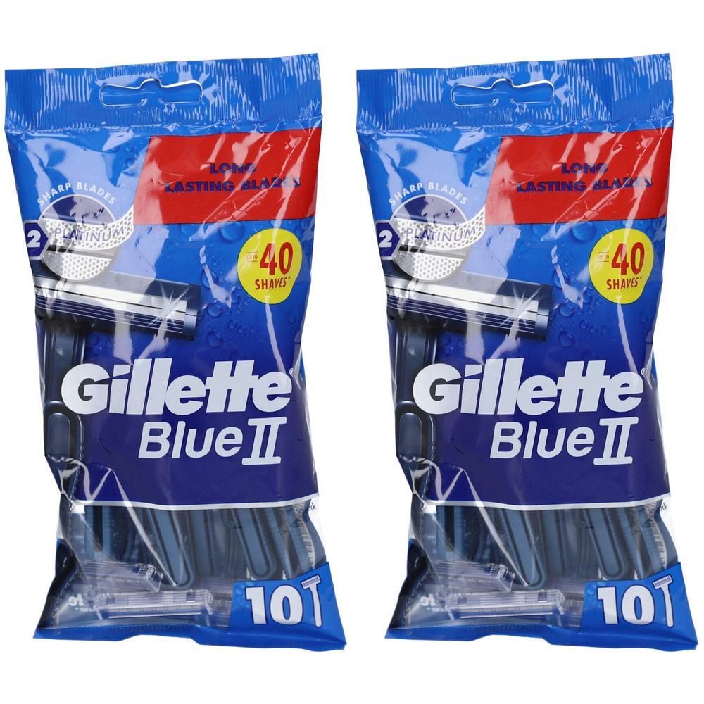 Deux paquets de rasoirs jetables Gillette Blue II. Emballage bleu avec nom du produit, informations sur les lames et le nombre d'utilisations.
