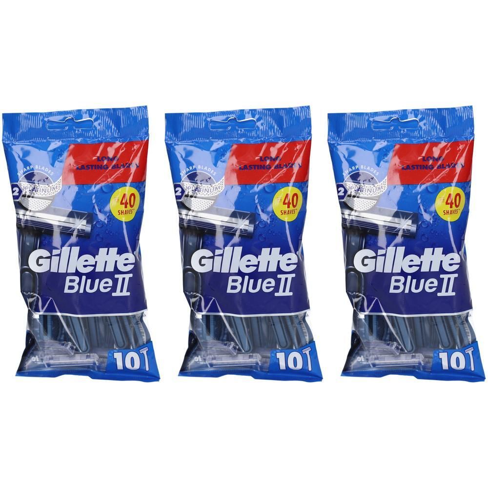 Trois paquets de rasoirs. Chaque paquet contient 10 rasoirs. Inscription : Gillette Blue II. Emballage bleu avec autocollant jaune.