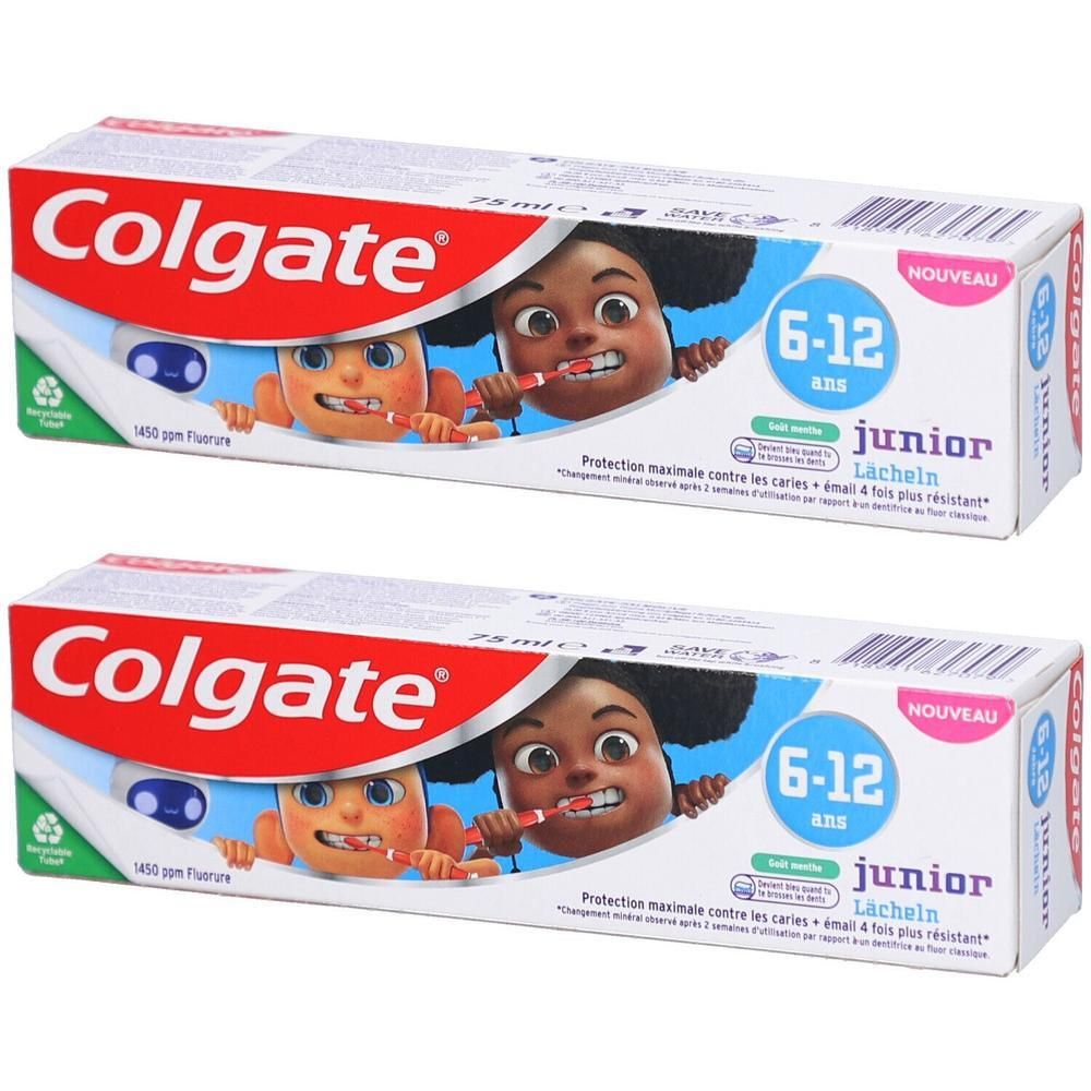 Deux boîtes de dentifrice. Inscription Colgate, Junior 6-12 ans. Illustration d'enfants se brossant les dents. Avec 1450 ppm de fluor.