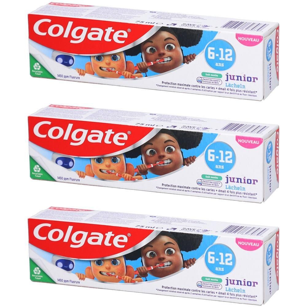 Trois boîtes de dentifrice. Chaque boîte affiche "Colgate", "6-12 junior" et un enfant de dessin animé avec une brosse à dents. "Nouveau" est visible.