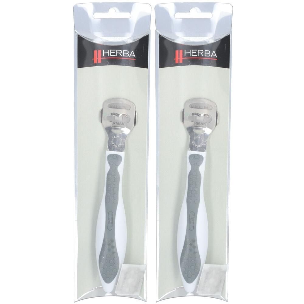 Zwei HERBA Hornhautraspel mit ergonomischem Griff in Weiß und Grau. Metallklinge.