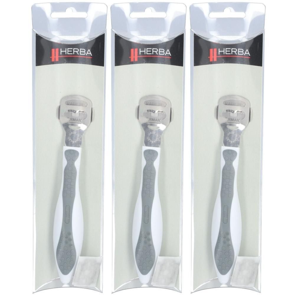 Drei HERBA Hornhautraspel mit ergonomischem Griff in Weiß und Grau, verpackt.