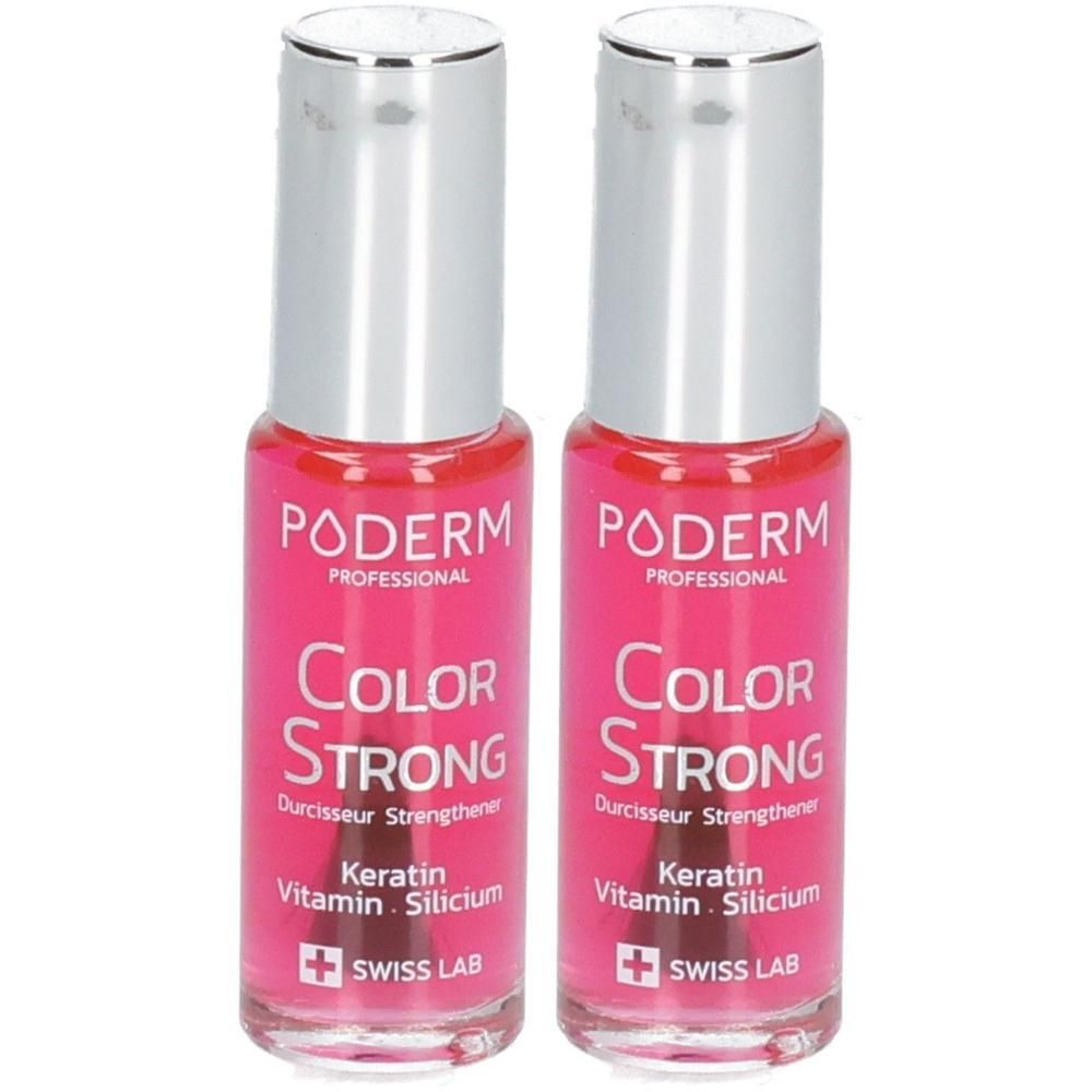 Deux flacons de vernis à ongles. Liquide rose dans des flacons en verre avec bouchons argentés. Inscription : PODERM, Color Strong, Swiss Lab.