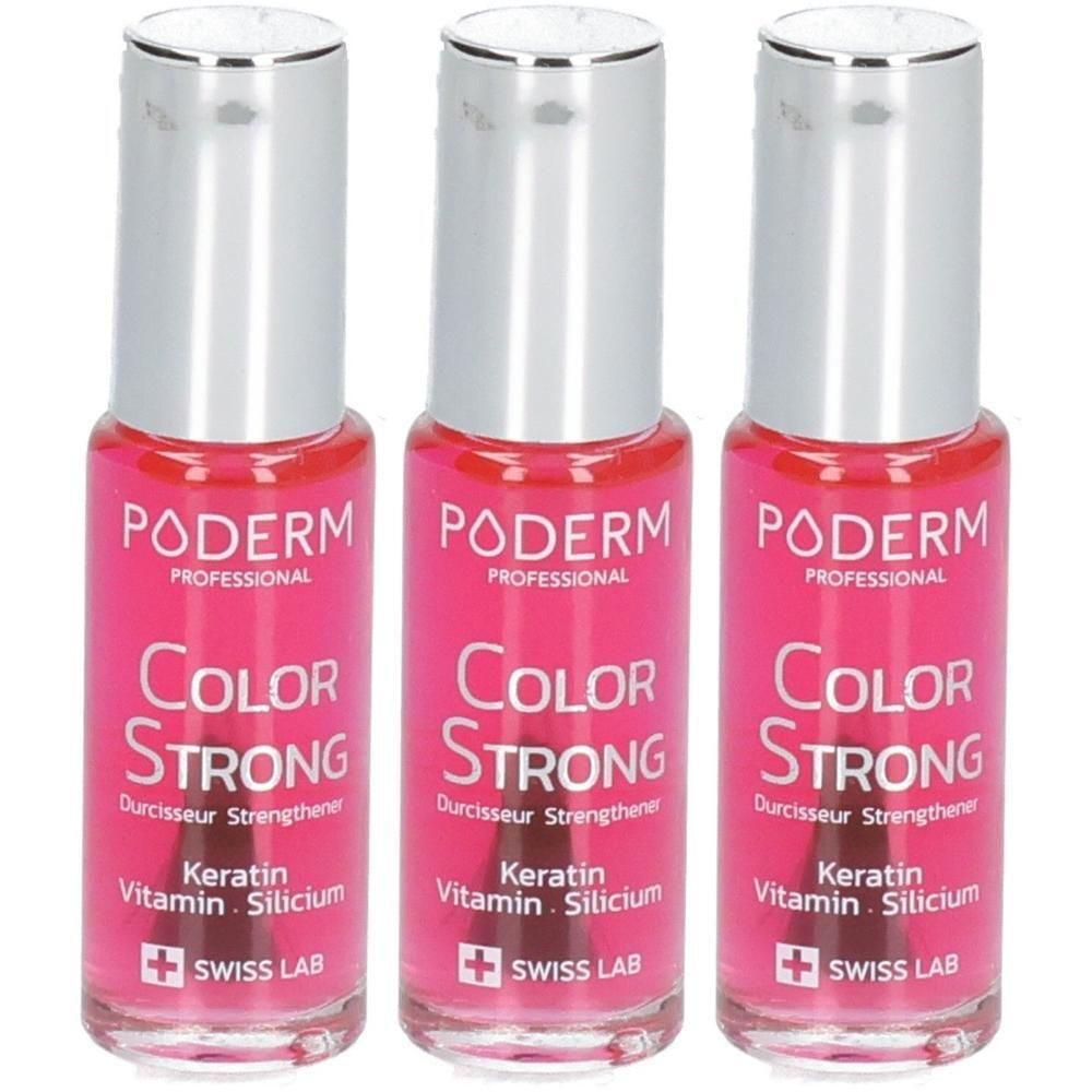 Trois flacons de vernis à ongles roses. Bouchons argentés. Inscriptions: PODERM PROFESSIONAL, Color Strong, Kératine, Vitamine, Silicium, Swiss Lab.